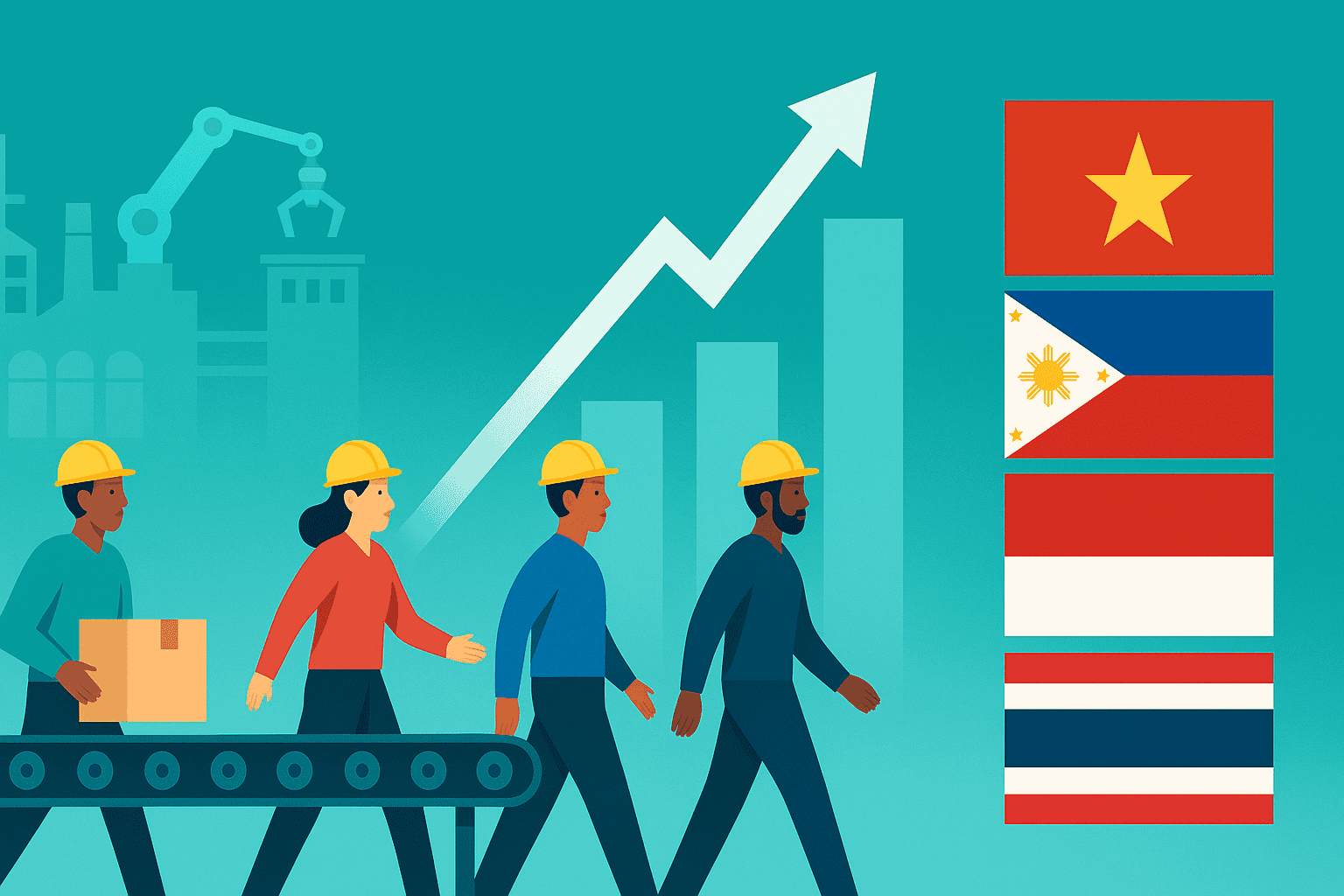 台灣製造業多國籍移工在生產線上，背景含工廠與成長箭頭、越菲印泰國旗