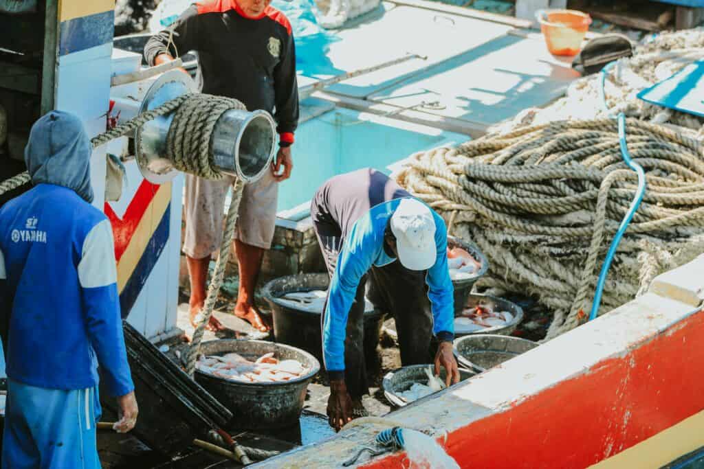 捕魚工人在海上作業，展示21世紀全球外勞集團的專業外勞服務 | 海上捕魚、外勞集團、國際人力資源.